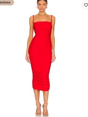 Solace London Adler Midi Dress Red Ruched Bodycon Square Neck Size 0